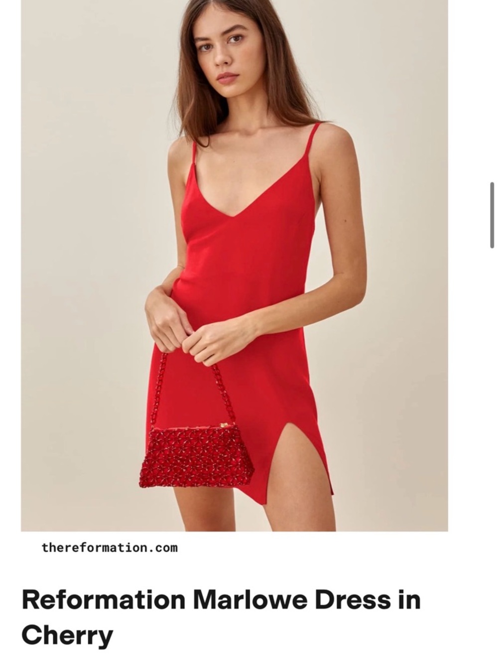 Reformation Dress Womens XS Red Slip V Neck Spaghetti Strap Side Slit Made USA